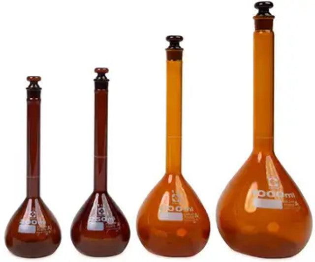 Heathrow Scientific 2307A-250 Volumetric Flask, Amber, Class A, Glass Stopper, 250 mL, 4/pk